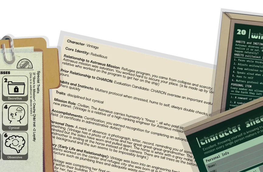 spread of character-related pages, dark teal layout showing character stats and portraits.