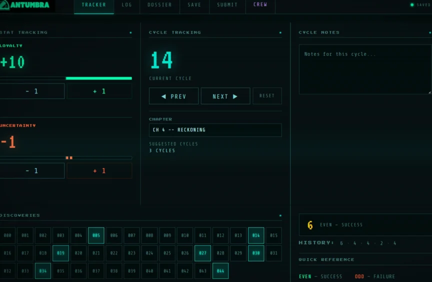 Screenshot of the Crew Companion website dashboard, showing character stats, a portrait, and tracking icons in a dark teal interface.