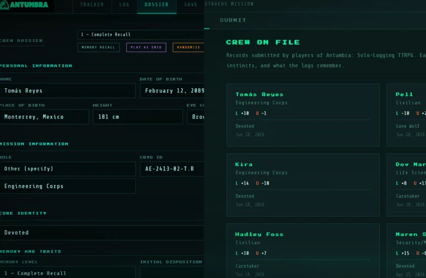 Crew Companion site featuring character dossier