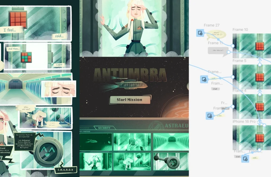 Collage showing Antumbra's evolution from comic panels and character sketches to early game-interface mock-ups.