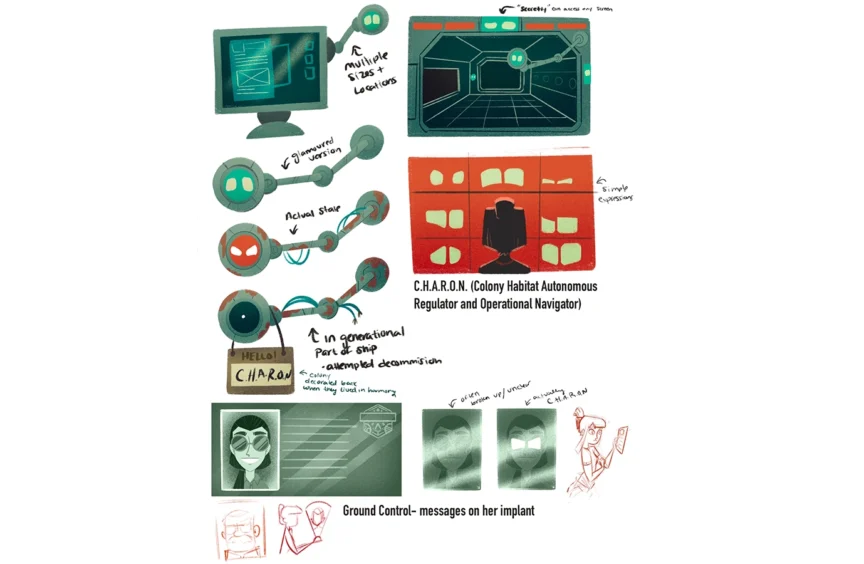 Early design explorations of CHARON, red-line sketches of a mechanical arm and camera-eye.