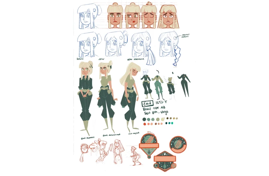 Early character-design sketches of Enid, showing a blonde woman in several outfit variations.