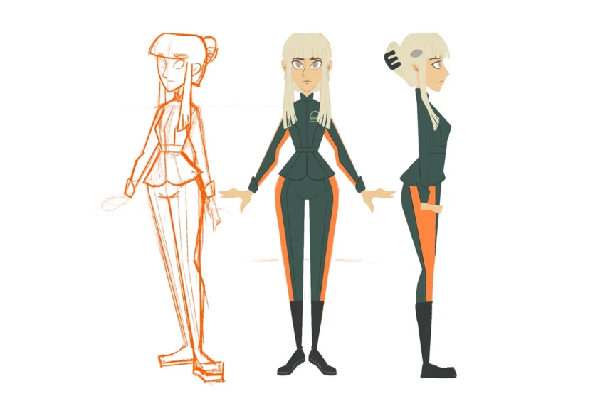 Final character design for Enid, three full-body turnaround illustrations in an orange and green jumpsuit.