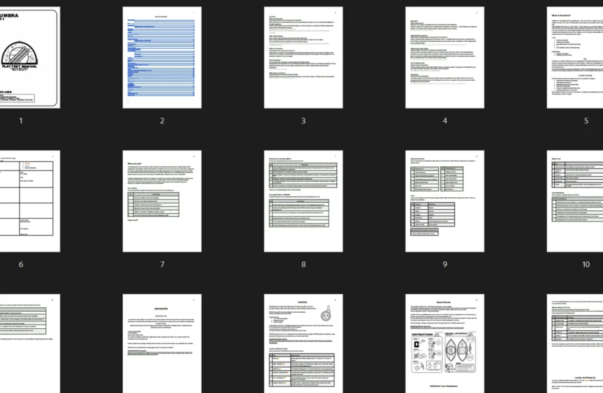 Screenshot of the original Antumbra manuscript, a grid of many small text-document thumbnails.