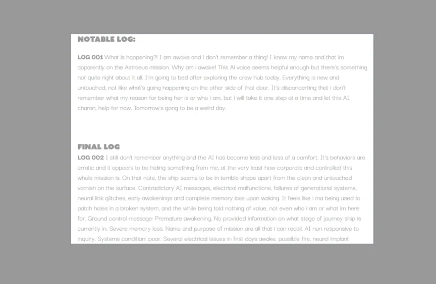 Screenshot of an early play-test log, a plain gray page with typed log text.