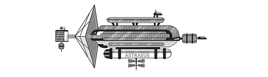 Black and white line illustration of the Astraeus generation ship, side-view schematic style.