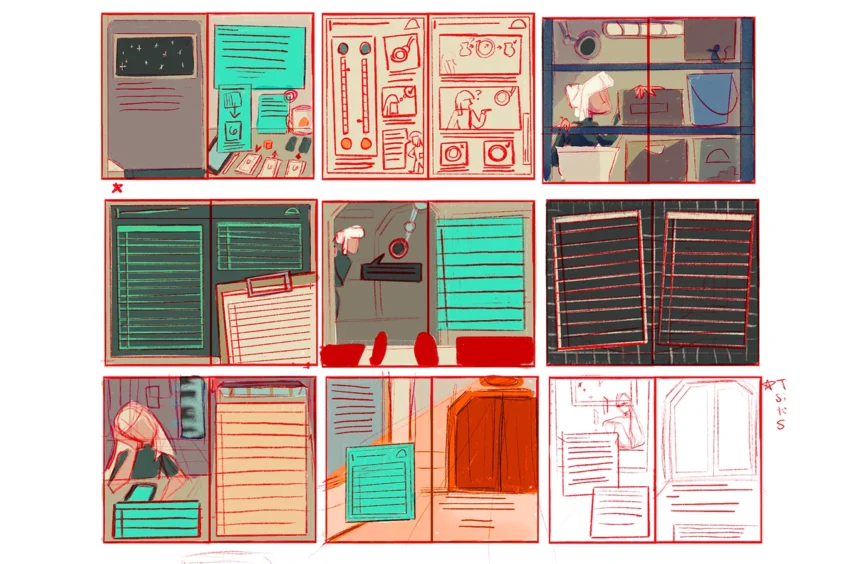 Grid of small color studies for Antumbra's pages, shown in teal, red, and pink palettes.