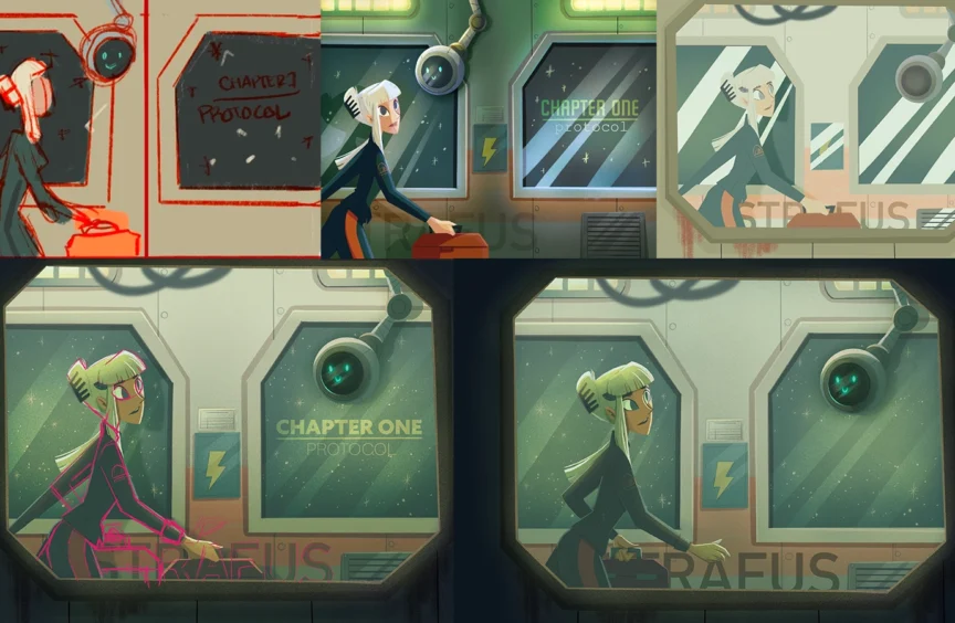 Process breakdown of a single Antumbra page, from sketch through color to final render, depicting two figures at night.