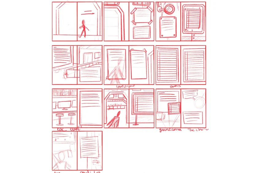Grid of small grayscale thumbnail sketches used to plan Antumbra's illustrated pages.