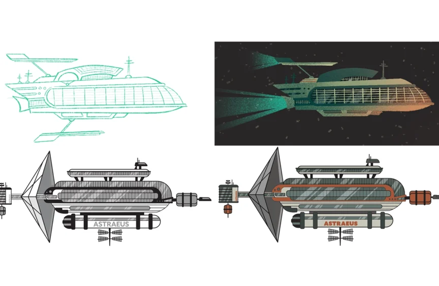 Evolution of the Astraeus ship design, from line-art schematics to a fully rendered version.