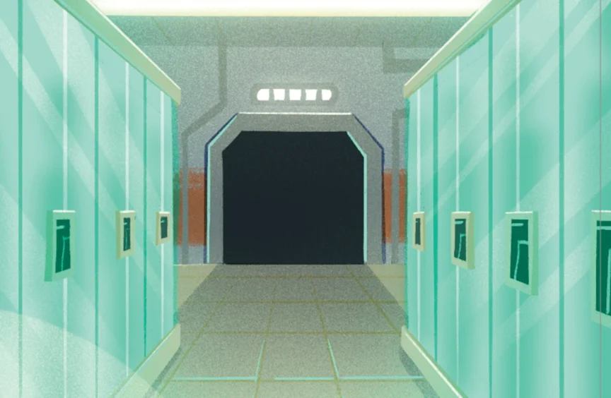 View down a cryo-chamber corridor lined with pods, seen from inside a cryopod, lit in cool teal tones.