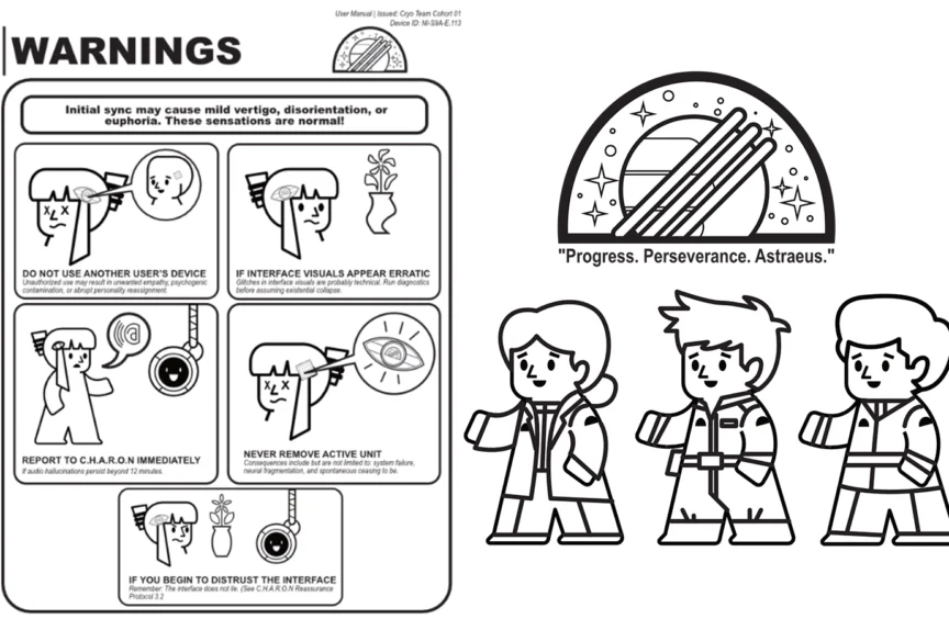 Examples of Astraeus corporate branding, including a safety warning poster and character silhouette icons.