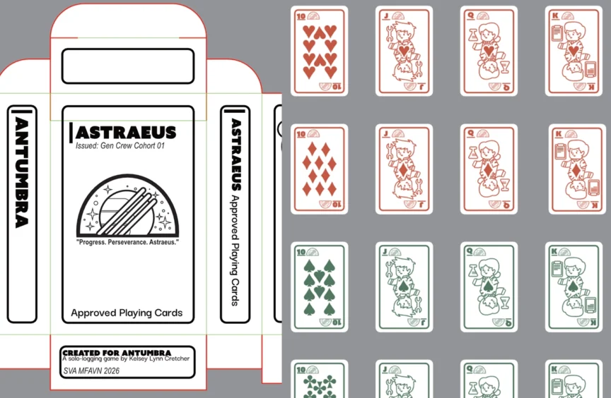 Mock-up of the Astraeus-branded playing card deck box alongside a grid of illustrated playing cards.
