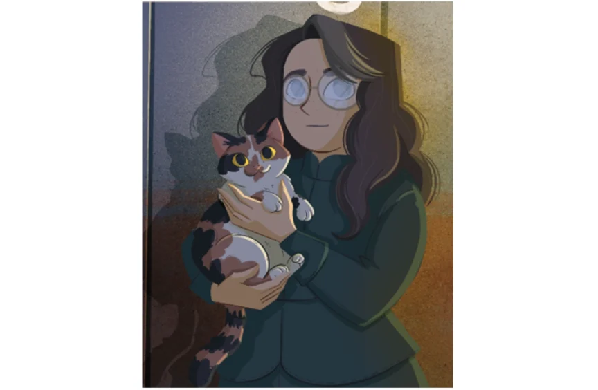 Illustrated self-portrait of the artist, a woman in a dark green jacket holding a black cat.