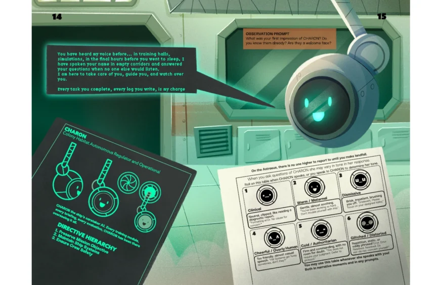 CHARON introduction page, a dark teal spread featuring a mechanical camera-eye graphic and control-panel imagery.