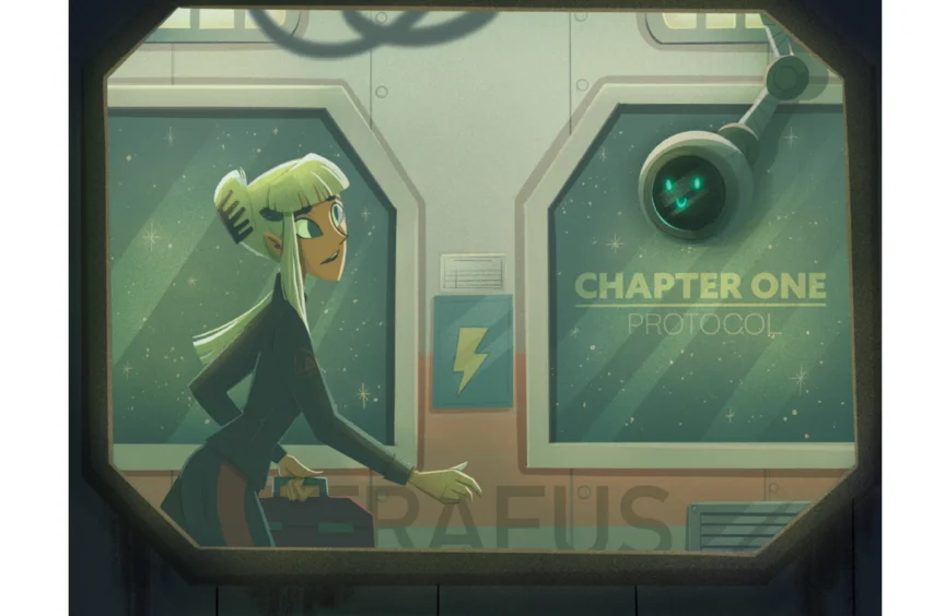 Illustration of Enid walking alone down a dim ship hallway, with 