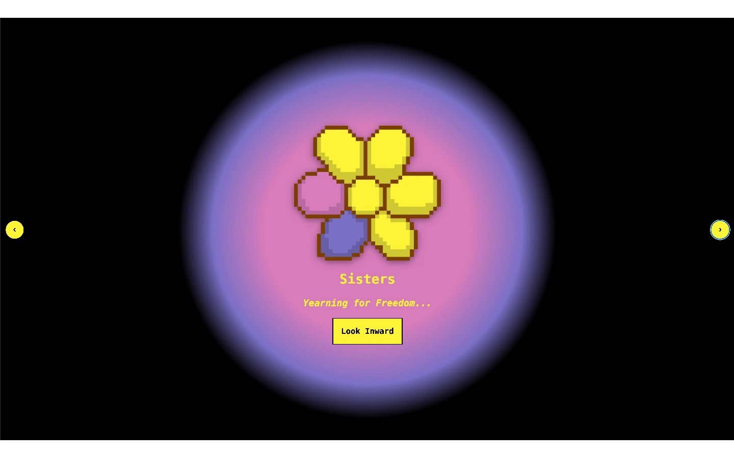 The same pixelated flower icon, now in yellow, purple, and blue, glows inside a soft pink-and-purple radial light against black. Below it, 