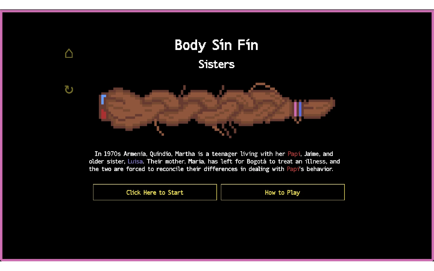 A pixel-art illustration of a braid marked with small red, blue, and pink tabs sits beneath the game's title, 