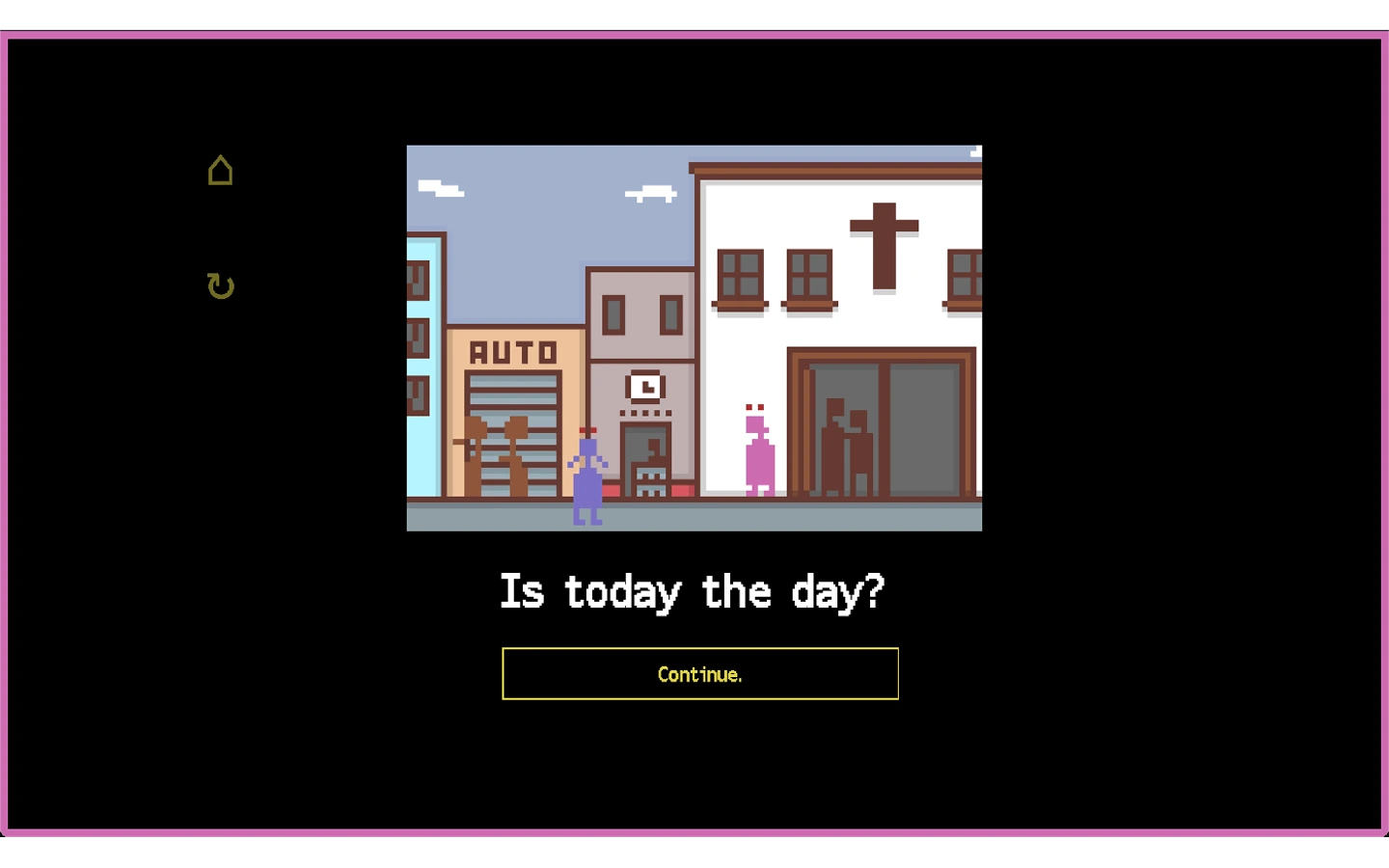 A pixel-art street shows a blue figure and a pink figure standing near a garage marked 