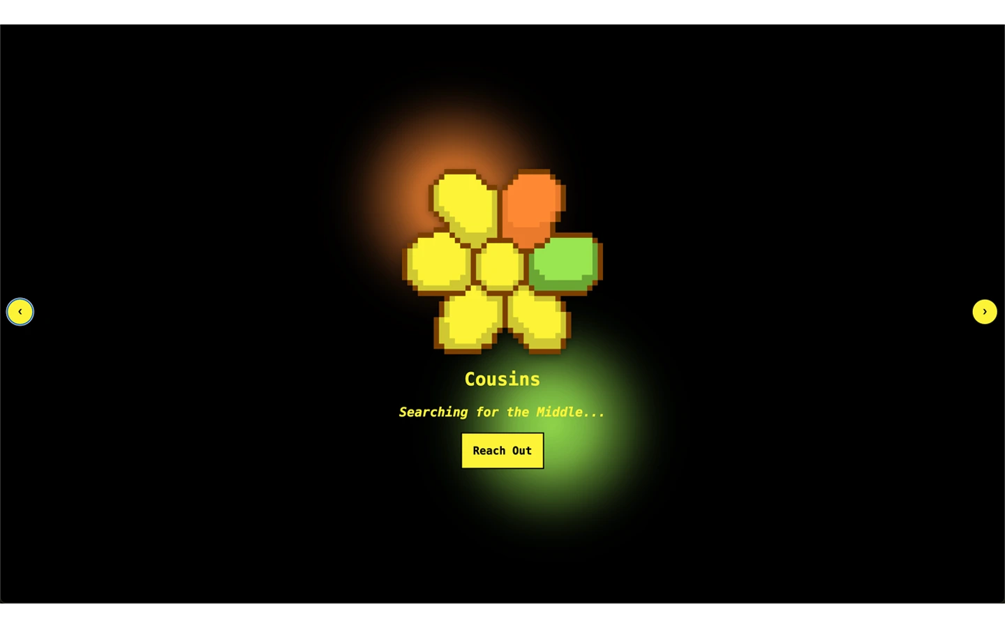 The pixelated flower icon appears again, now in yellow, orange, and green, glowing against a black background with warm orange and green light at its edges. Below, 