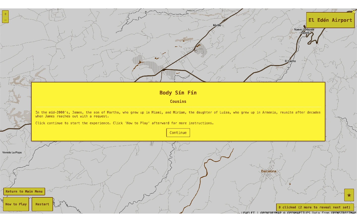 A yellow text box over a grayscale map of a mountainous region introduces the game's title, 