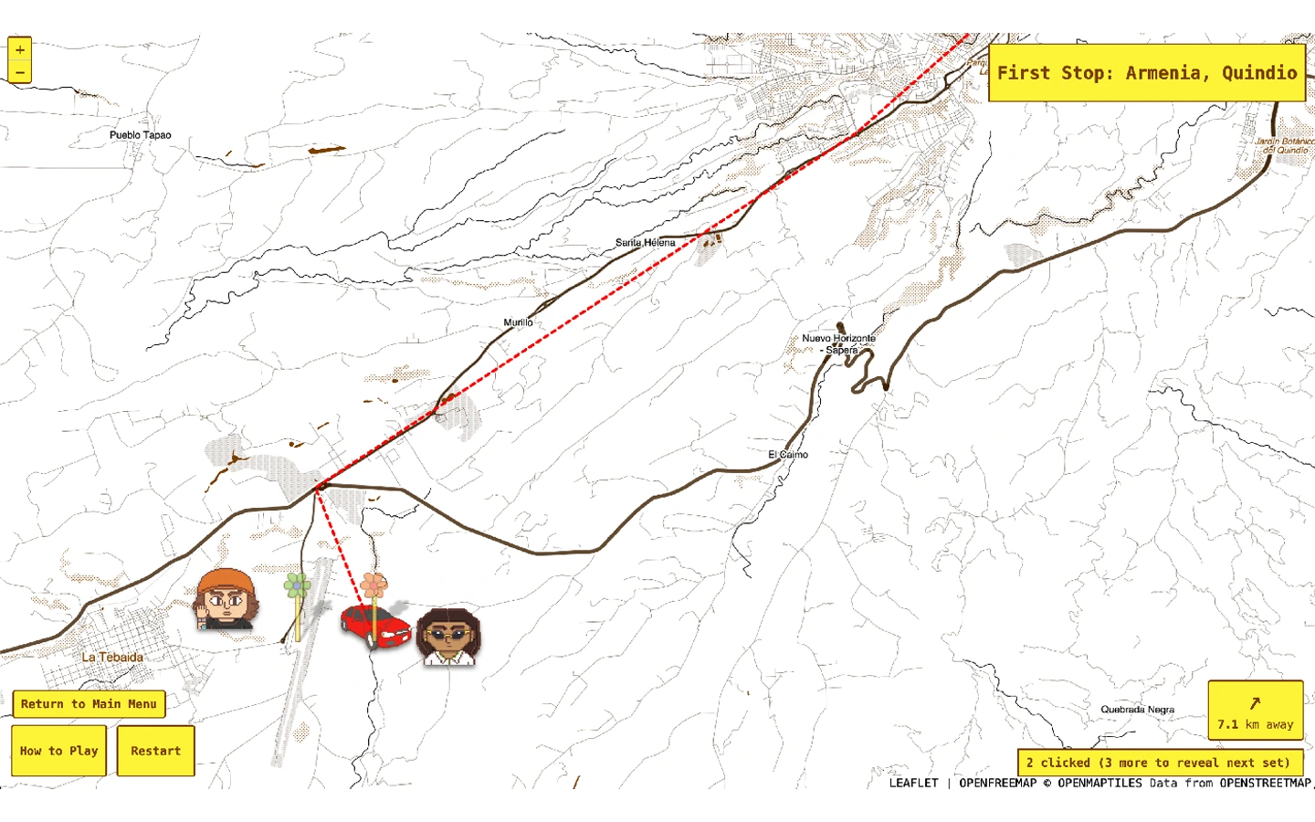 A grayscale topographic map shows a dashed red line connecting a starting point to 