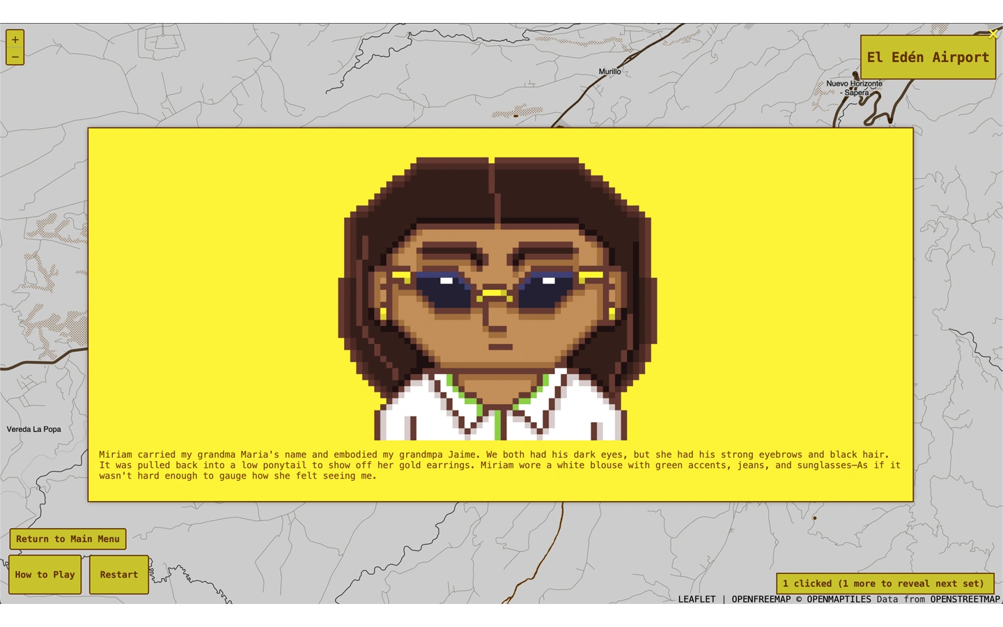 A pixel-art portrait shows a young woman with dark hair pulled into a low ponytail, gold earrings, sunglasses, and a white blouse with green accents. Text below describes her as carrying her grandmother Maria's name while embodying her grandfather Jaime's traits, noting her dark eyes and strong eyebrows, and describing her expression as hard to read upon seeing the narrator again.