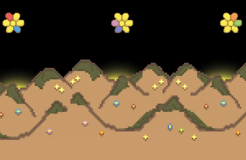 A dark night sky holds three glowing, rainbow-petaled flower emblems above a rolling mountain range dotted with small sparkling collectible items. Soft yellow light glows along the ridgelines where the mountains meet the black sky, giving the scene a quiet, game-level atmosphere.