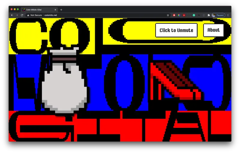 A browser window shows a pixel-art website titled 