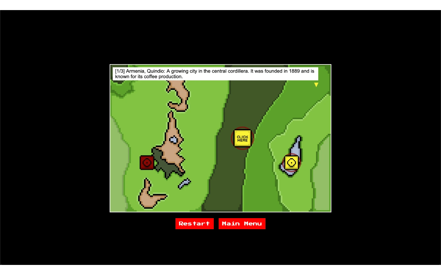A pixel-art map highlights the central cordillera, with a caption reading 
