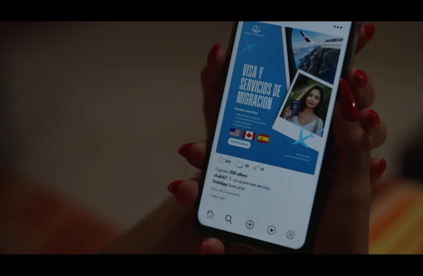 hands holding a phone displaying an image of immigration services