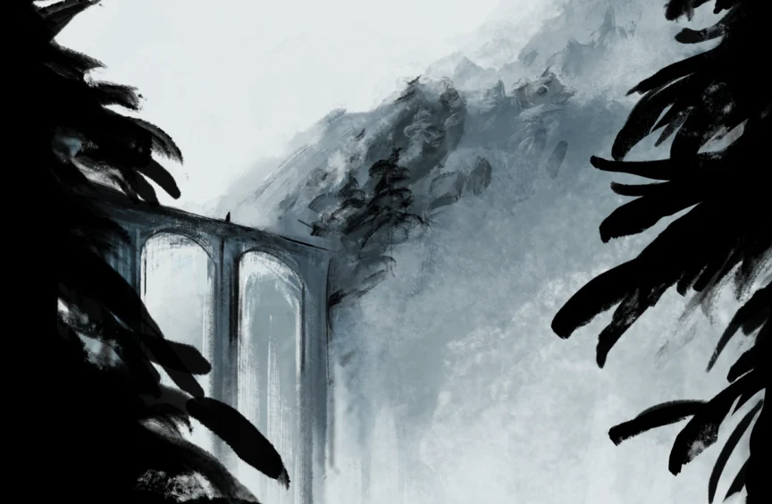 A bridge stretches between two mountains surrounded by fog. The colors are all shades of a muted blue-green. In the foreground, the black silhouettes of pine tree branches frame the bridge. A tiny lone human figure stands on the center of the bridge overlooking the space.