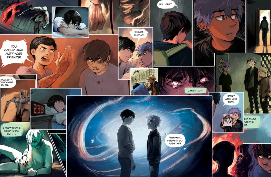 Several full-color panels are collaged together to showcase several emotionally charged moments from the comic.