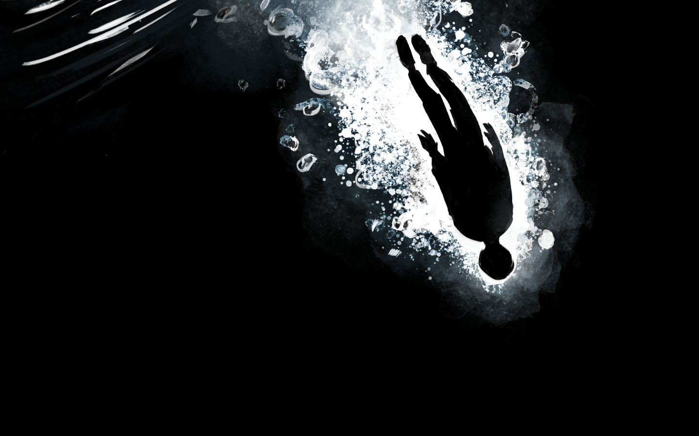Against a completely black background is a silhouette of a human figure drawn upside down and at an angle, surrounded by white and blue bubbles, as though this person dove headfirst into water. They appear to be limp and give the impression of sinking rather than swimming.