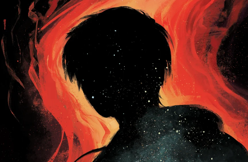 The black silhouette of a person's head and shoulders is surrounded by red swirling energy. The character seems to have short, shaggy hair. Within the silhouette are a scattering of stars ranging from blue to white to orange, and the silhouette gently transitions from black to dark blue, as if it is a cutout of the night sky.