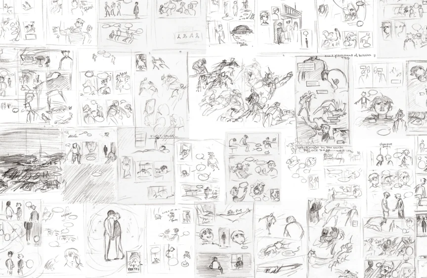 A collage of comic thumbnail pages, which are drawn in pencil at a very small scale but have been scanned at a high resolution, so there is a lot of grainy detail in the pencilwork.